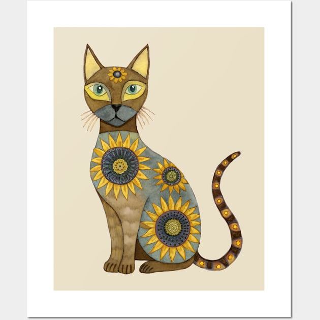 Thai Siamese Cat with Sunflower Pattern Wall Art by craftydesigns